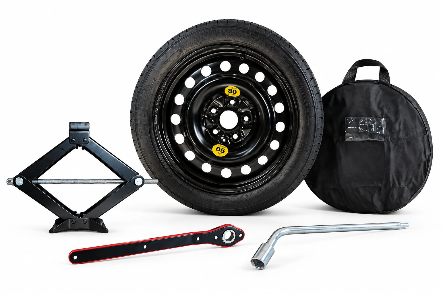 Netvans-Set mit Reserverad, Scherenwagenheber, Tragetasche und Werkzeug.